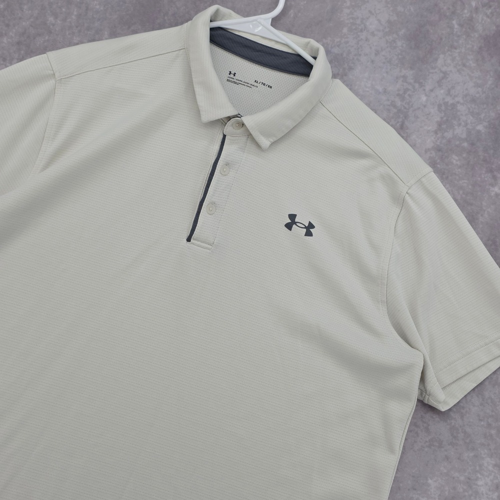 Under Armour Mens XL‎ Performance Golf Polo Shirt Beige Loose Fit Stretch Preppy
